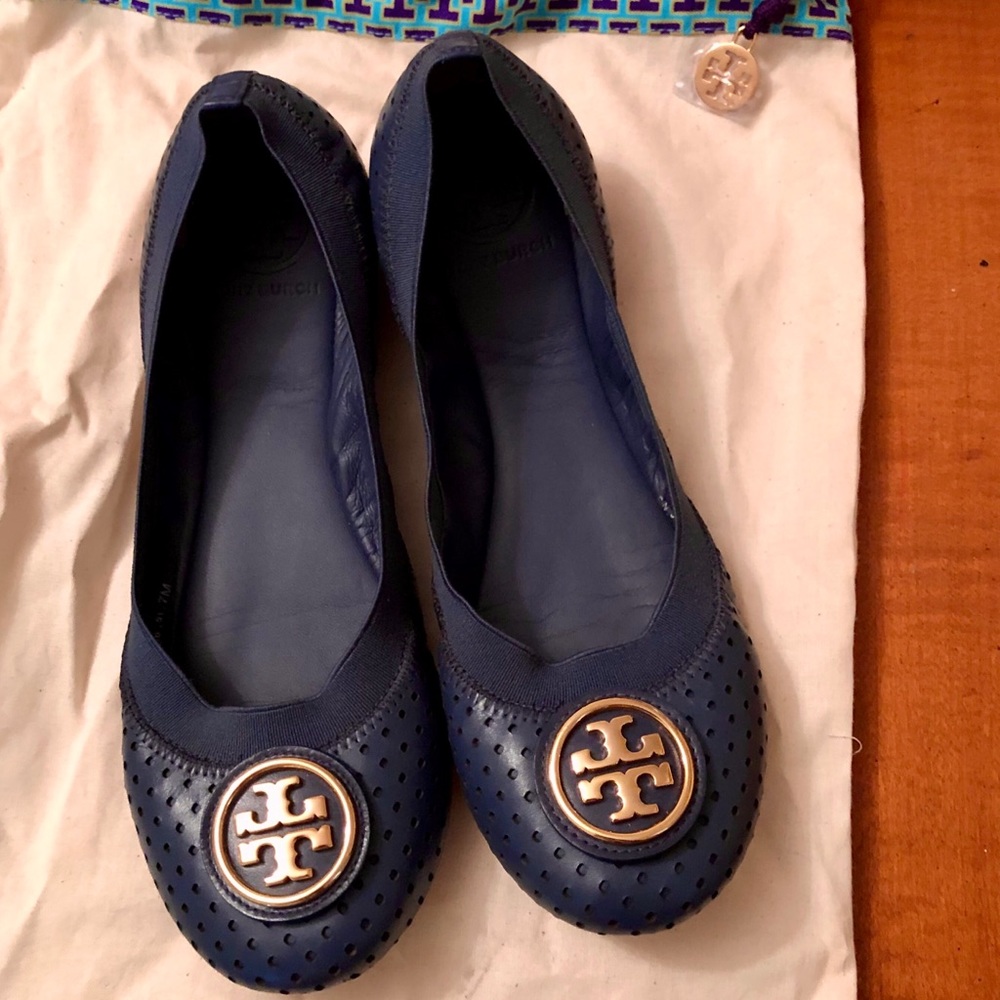 Tory Burch Caroline 2 Ballet Flats Sz 7 Navy +box
